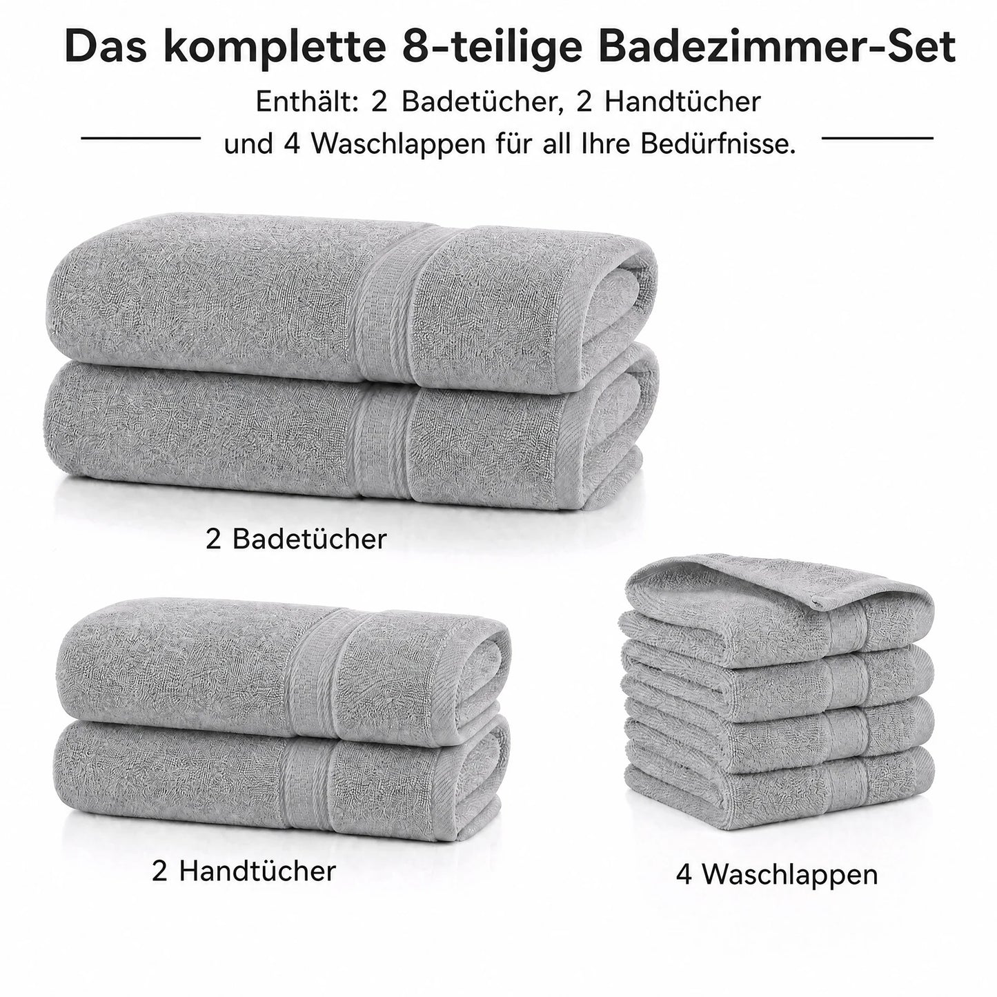 Towels 8 Piece Majestic Plush Luxury Towel Set, Cotton, Grey | Majestic - Bath Towel Set