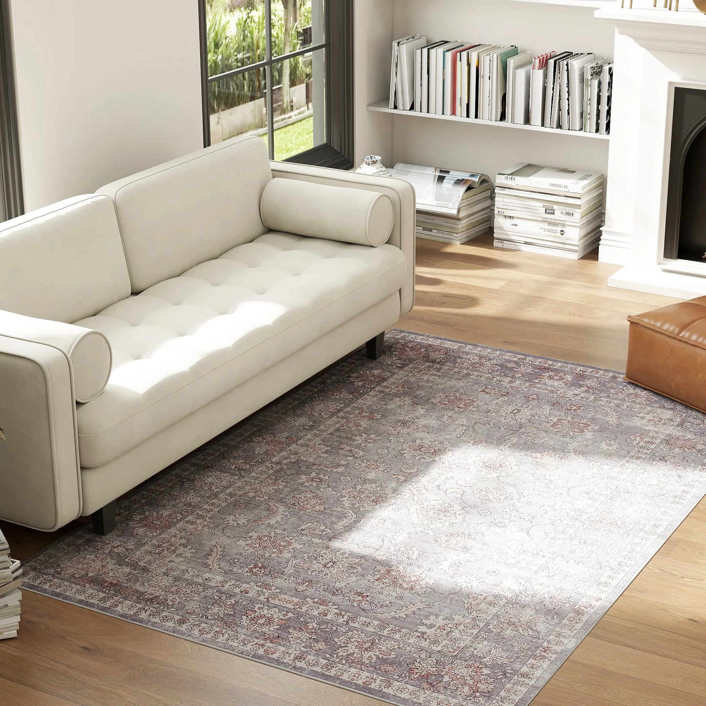 4x6 Traditional Floral Area Rug – Machine Washable Non-Slip Chenille Carpet in Grey & Brown