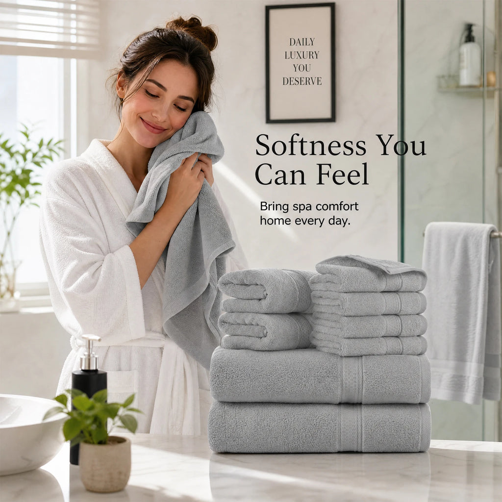 Towels 8 Piece Majestic Plush Luxury Towel Set, Cotton, Grey | Majestic - Bath Towel Set