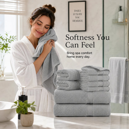 Towels 8 Piece Majestic Plush Luxury Towel Set, Cotton, Grey | Majestic - Bath Towel Set