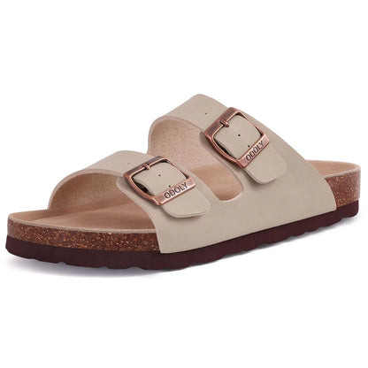 Crestar Women's Cork Footbed Slide Sandals – Adjustable Buckle Suede Beach Shoes