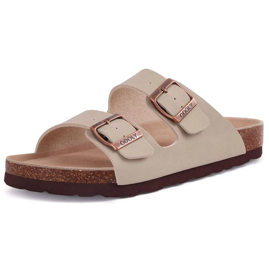 Crestar Women's Cork Footbed Slide Sandals – Adjustable Buckle Suede Beach Shoes
