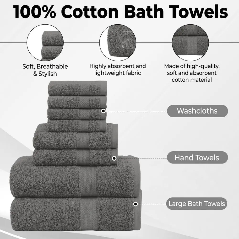 8-Piece Towel Set: 2 Bath, 2 Hand, 4 Washcloths, 100% Cotton, Lightweight