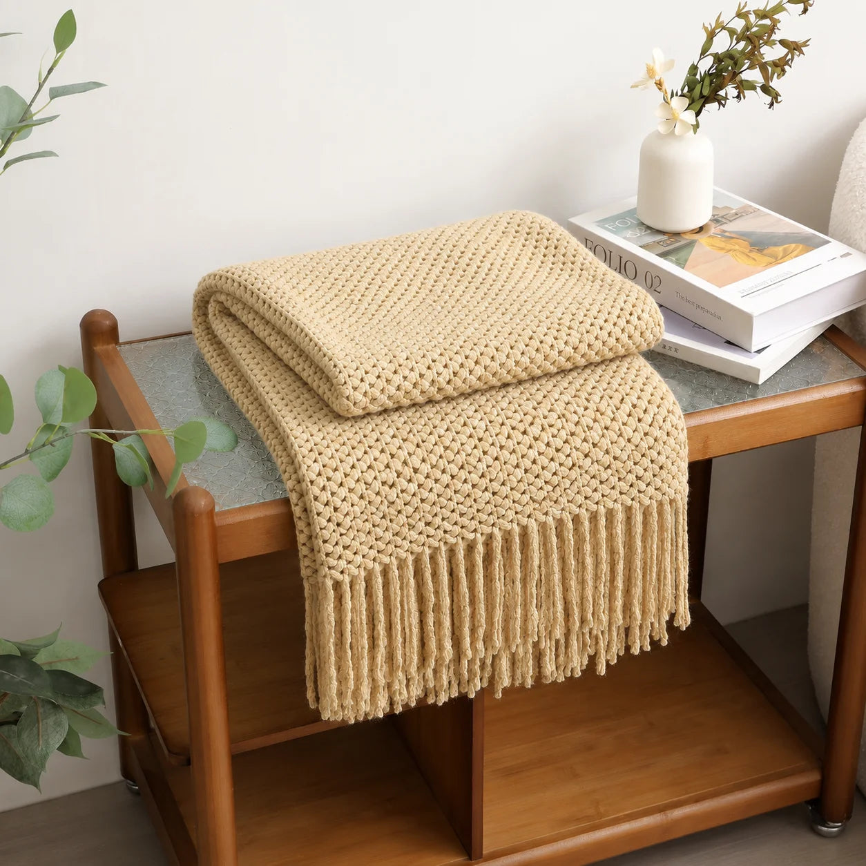 Cream Popcorn Bobble Textured Knit Throw Blanket with Tassel Fringe, Soft Knitted Decorative Blanket, Lightweight Cozy Cover for Couch Sofa Bed, Boho Farmhouse Home Decor for Living Room Bedroom