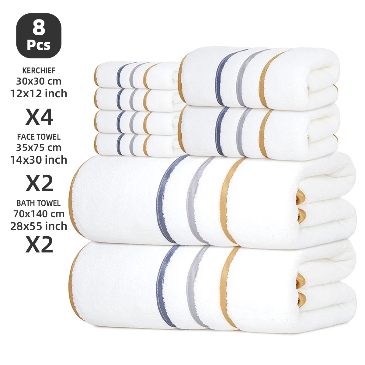 8-Piece Towel Set, 2 Bath Towels + 2 Hand Towels + 4 Face Towels, Soft