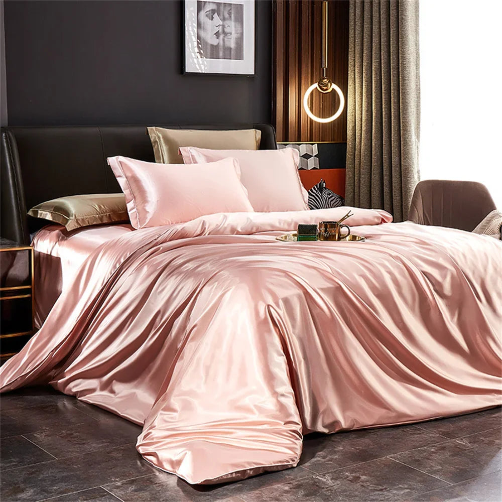 Luxury Solid Silk Satin Bedding Set – Duvet Cover, Bed Sheet & Pillowcases | Twin to King & Family Suite
