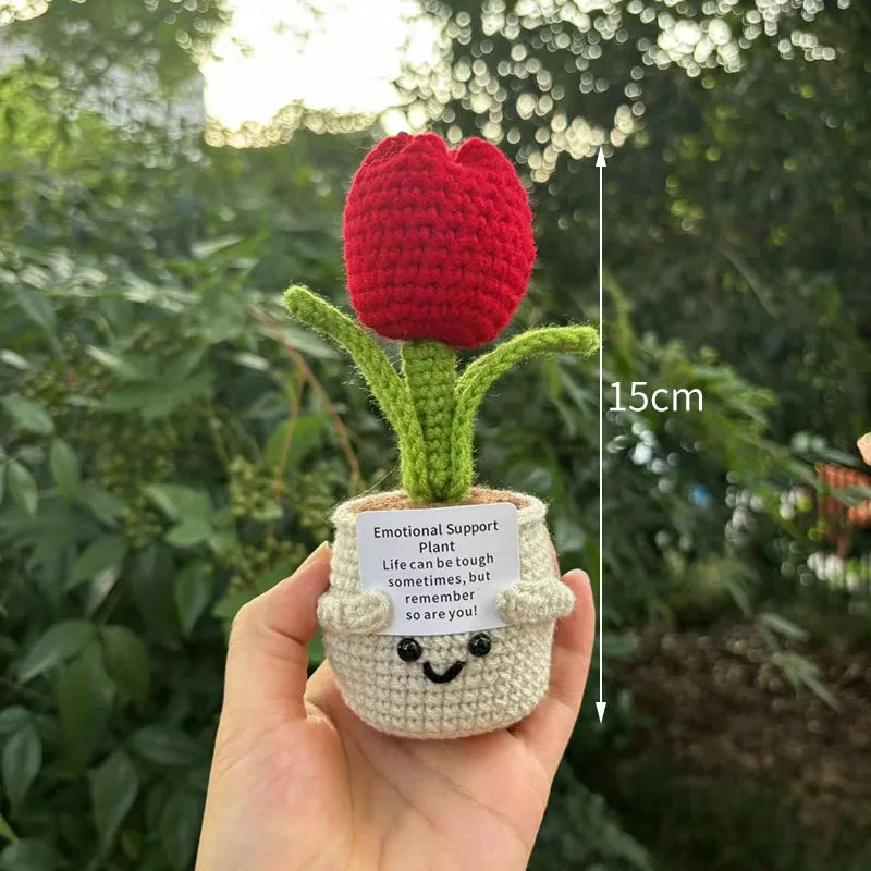 Crochet Flower Artificial Tulip Potted Finished Hand Woven Plants Knitted Sunflower Wedding Gift for Guests Home Decoration