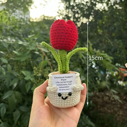 Crochet Flower Artificial Tulip Potted Finished Hand Woven Plants Knitted Sunflower Wedding Gift for Guests Home Decoration
