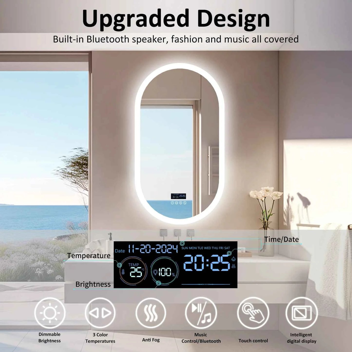 LUVODI 20x32” Led Lighted Bluetooth Bathroom Mirror Backlit Illuminate Dimming Vanity Mirror with Time Date Display Anti-fog