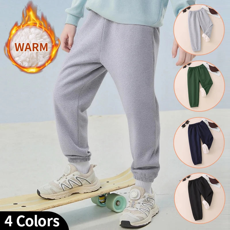 Autumn And Winter Children's Plush Warm Sports Casual Pants For Boys And Girls Solid Color Fashion Thick Windproof Harun Pants