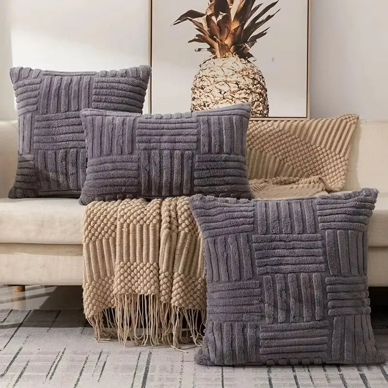 Boho Faux Fur Plush Throw Pillow Cover, Grey