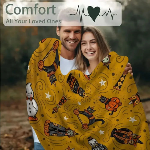 1pc Bethany Heavyweight 280GSM Flannel Halloween Blanket - Vintage Cat, Pumpkin, & Bat Patterns with Mustard-Yellow & Black Spooky Design - Large 60x60 Inches All-Season Cozy Throw for Sofa, Bed, Party Decor - Ideal Gift, Dir