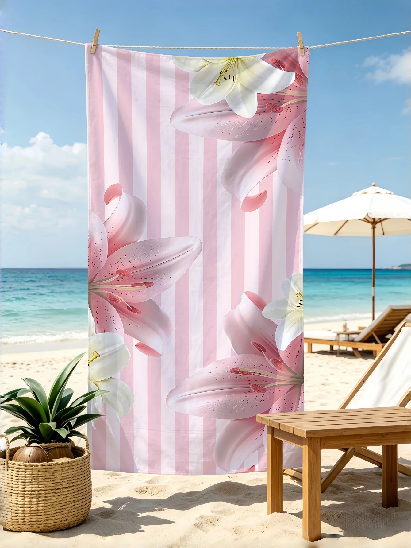 1pc pink striped beach towel, large floral printed beach towel, ultra-fine