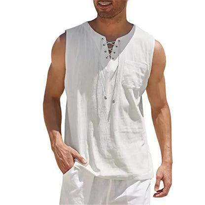 Men's Cotton Linen Sleeveless Vest — Retro V-Neck Lace Up Tank Top