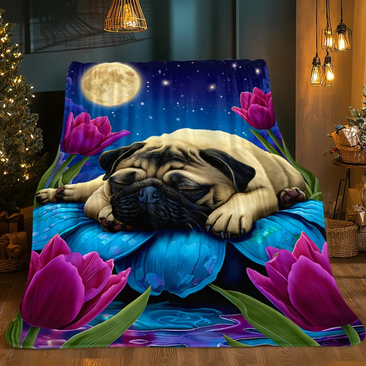 Pug by Moon and Tulips HD Printed Blanket. Soft and Warm Flannel Blankets for Travel, Camping, Sofa, Livingroom, Couch, Chair, Bed. Gift for Family or Friends 280GSM 4 Sizes Available (30x40in/40x50in/50x60in/60x80in)