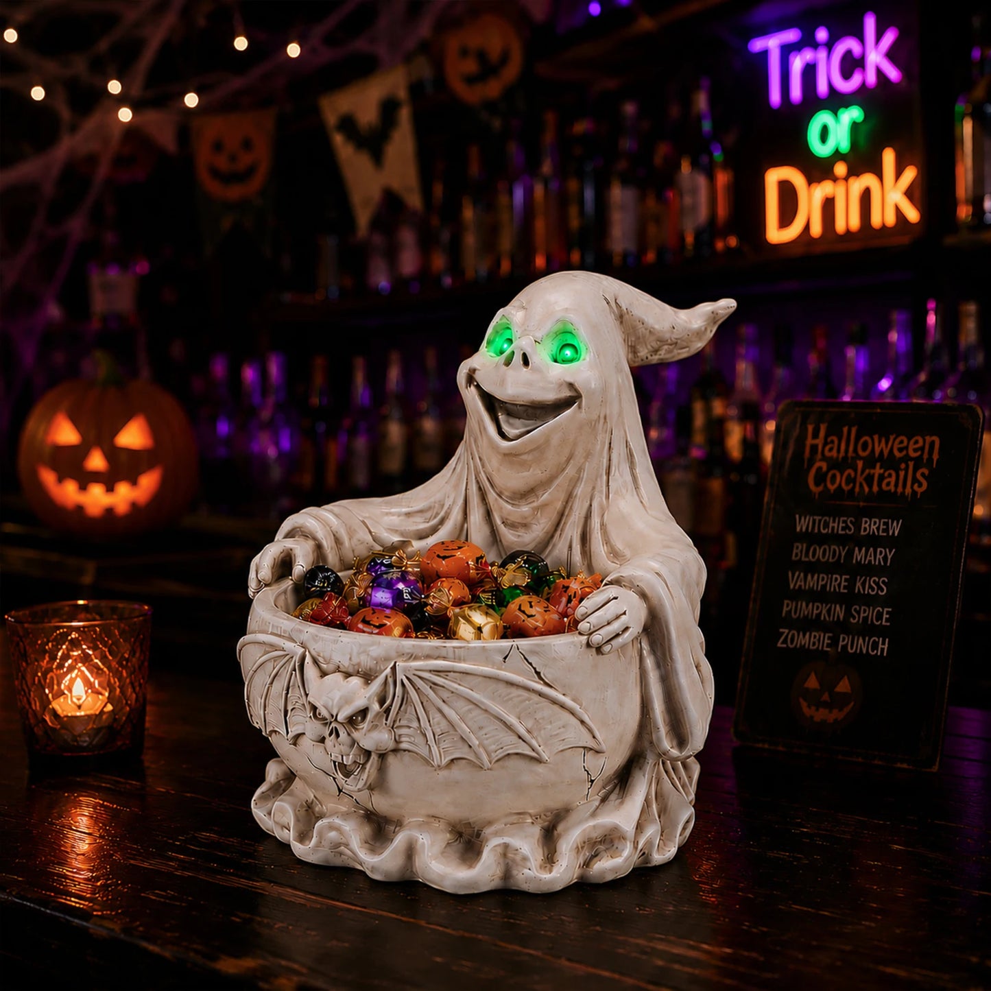 Halloween Ghost Candy Bowl with LED Glowing Green Eyes, Gothic Bat Resin Storage Dish, Spooky Tabletop Decor for Party Treats & Keys