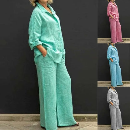 Women's Lapel Shirt & Wide-Leg Pants — Casual Two-Piece Set