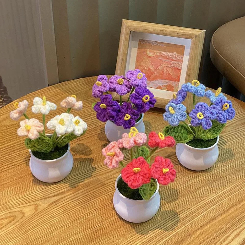 DIY Handwoven Mini Potted Flower Rose Office Desktop Ornamental Potted Plants Woolen Thread Finished Product Home Decoration