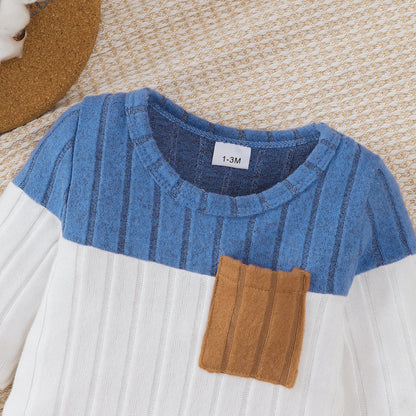 3Pcs/Set of Newborn Baby Boy Color Blocked Long Sleeved Bodysuit+Pants+Cute Hat Set 0-18 Months Baby Boy Spring and Autumn Set