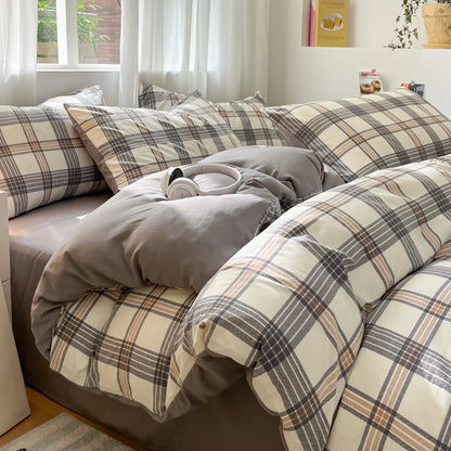 3/4 Pcs Blue Checkered Bedding Set Simple Style Soft Skin Friendly Duvet Cover Flat Sheet and Pillowcases Single Double Bed Sets