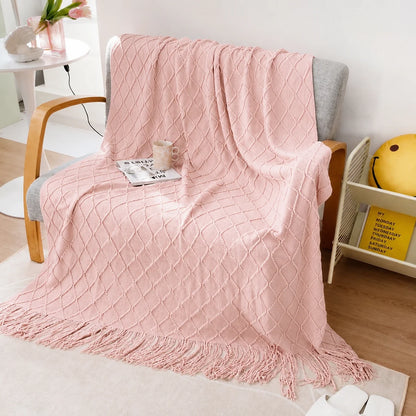 Sage Green Diamond Knit Throw Blanket with Tassels