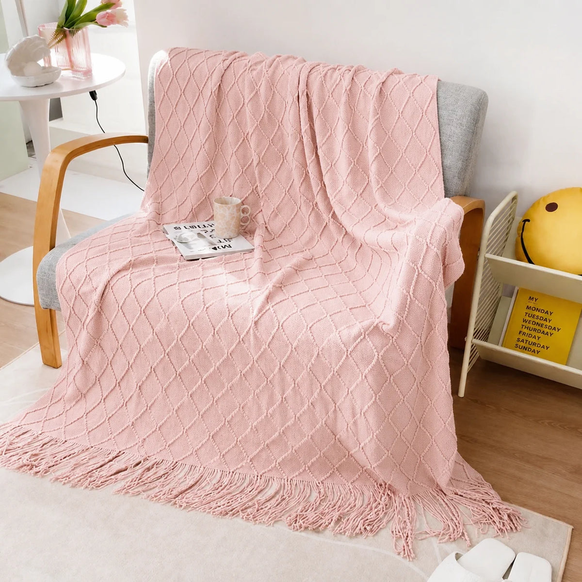 Sage Green Diamond Knit Throw Blanket with Tassels