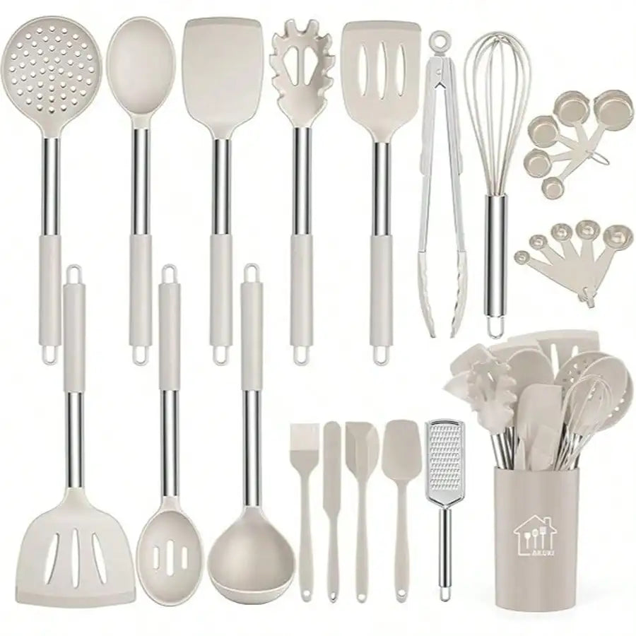 26-Piece Silicone Cooking Utensil Set with Stainless Steel Handles, Holder and Grater