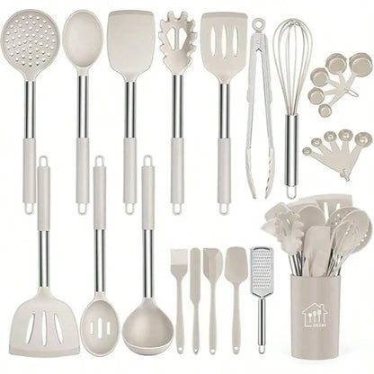 26-Piece Silicone Cooking Utensil Set with Stainless Steel Handles, Holder and Grater