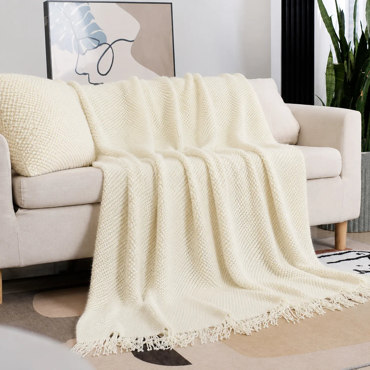 Beige Openwork Textured Knit Throw Blanket with Tassel Fringe, Soft Knitted Decorative Blanket, Lightweight Cozy Cover for Couch Sofa Bed, Boho Farmhouse Home Decor for Living Room Bedroom