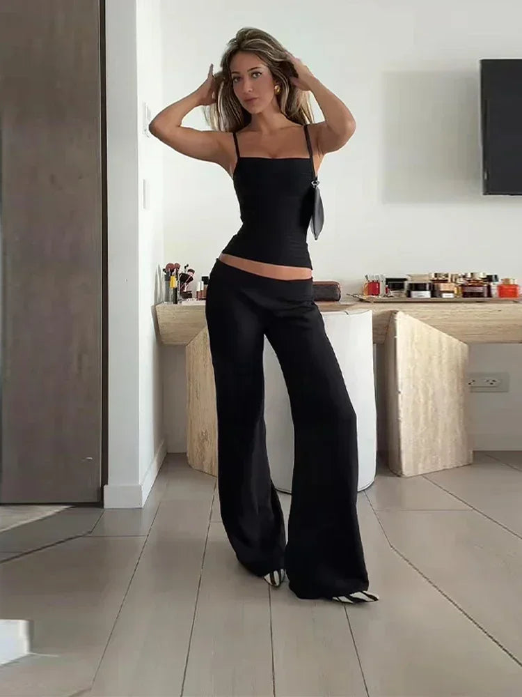 Women's Black Ruched Cami Vest — Square Neck Spaghetti Strap Tank Top
