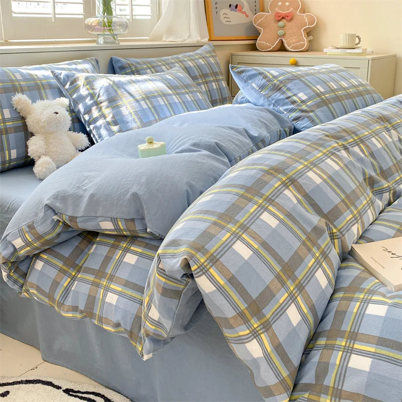 3/4 Pcs Blue Checkered Bedding Set Simple Style Soft Skin Friendly Duvet Cover Flat Sheet and Pillowcases Single Double Bed Sets