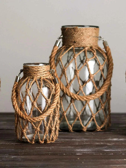 Hand Woven Hemp Rope Glass Vase Dry Flower Decor Art Glass Vase Nordic Living Room Table Decoration Bedroom Boho Home Decoration