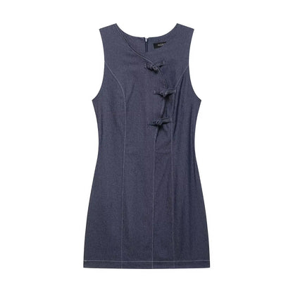 Women's Elegant Knot Buckle Sleeveless Dress – Pleated Hem Retro Chic Office & Casual Dress