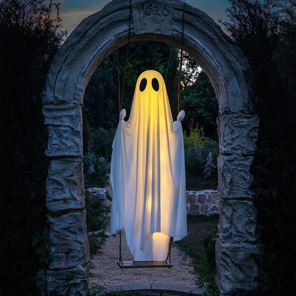 Large Hanging Swinging Ghost Halloween Decoration with LED String Lights Spooky Glowing Outdoor Decor for Front Porch Yard Party