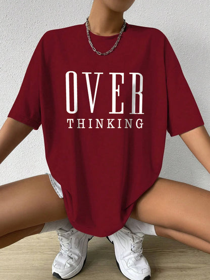 Women's Over Thinking Letter Print T-Shirt — Vintage Cotton Casual Tee