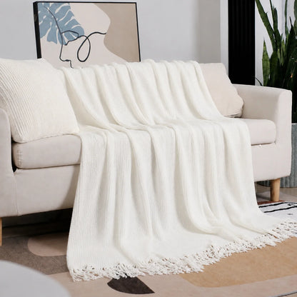 Beige Openwork Textured Knit Throw Blanket with Tassel Fringe, Soft Knitted Decorative Blanket, Lightweight Cozy Cover for Couch Sofa Bed, Boho Farmhouse Home Decor for Living Room Bedroom