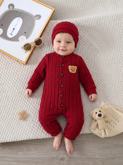 【Baby Boy】Autumn & Winter Red Onesie with Front Single-Breasted Buttons and Cute Bear Badge on Chest + Red Hat Set Featuring a W