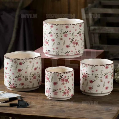 Retro Ceramic Flower Pot Indoor Home Decor Porous Breathable Flower Vase Pastoral Style Plants Potted Plants Tabletop Ornament