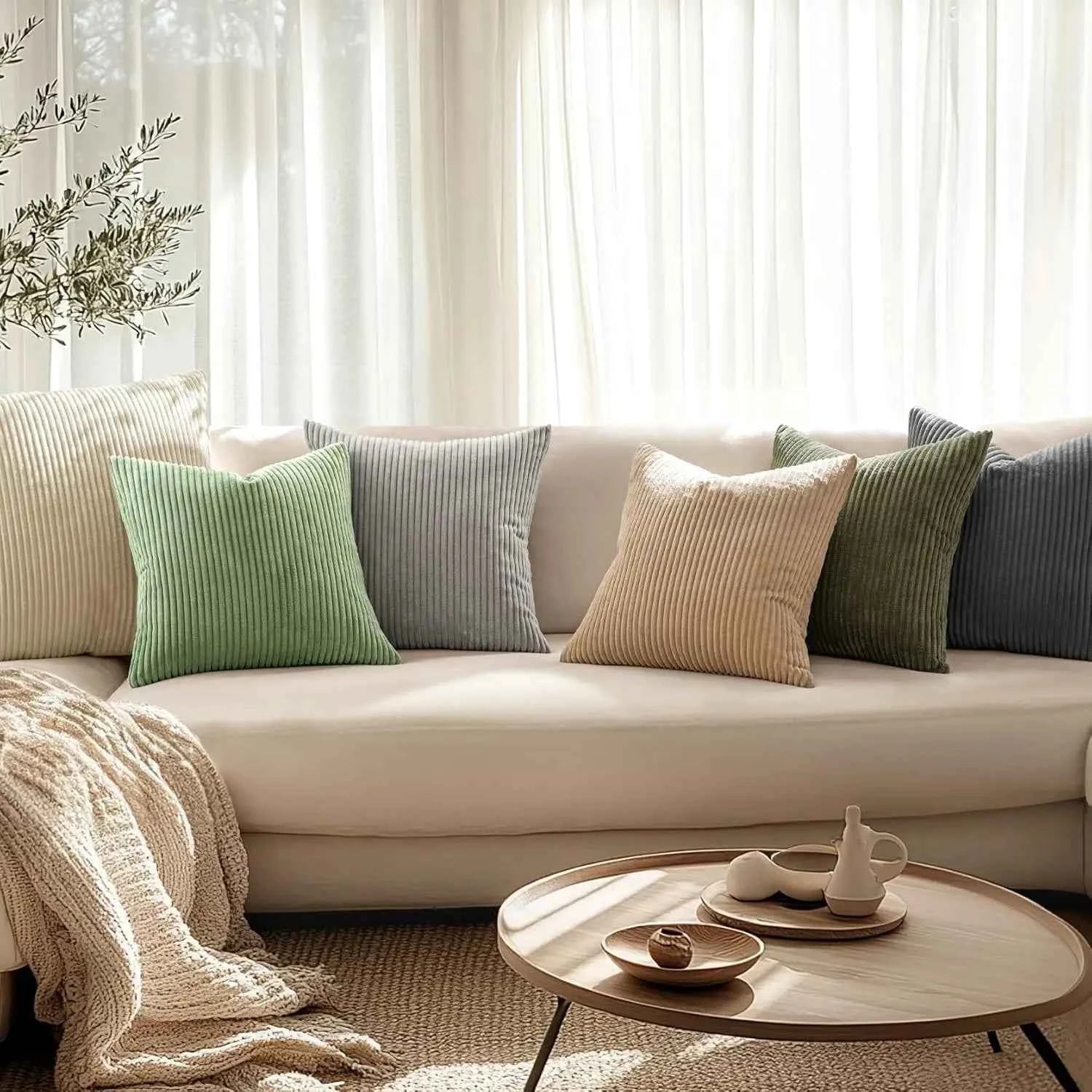 Soft Corduroy Striped Throw Pillow Case 45x45cm Boho Throw Pillow Covers for Sofa Bedroom Living Room Spring Home Decor Green