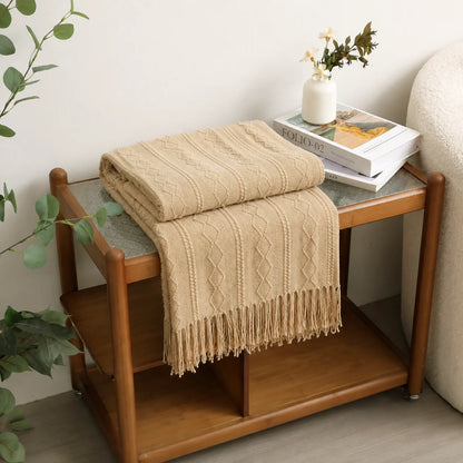 Cream Popcorn Bobble Textured Knit Throw Blanket with Tassel Fringe, Soft Knitted Decorative Blanket, Lightweight Cozy Cover for Couch Sofa Bed, Boho Farmhouse Home Decor for Living Room Bedroom