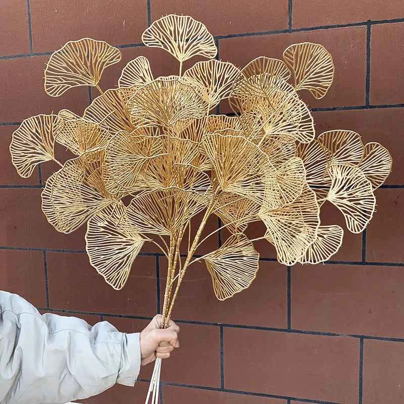 60CM 5PCS 3 Pronged Fan Leaf Netting Artificial Gold Ginkgo Eucalyptus Holly Wedding Arch Flower Arrangement Home Decor Crafts