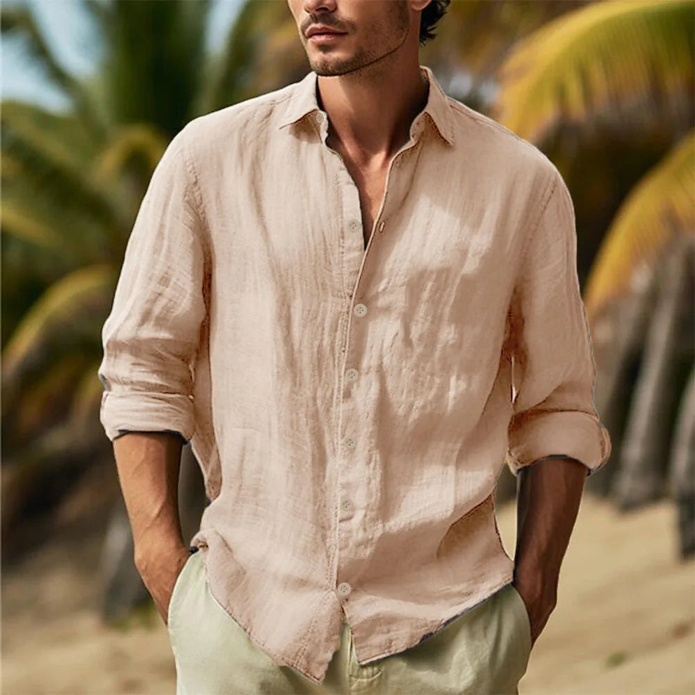 Men's Cotton Linen Hawaiian Casual Shirt — Turn Down Collar Solid Breathable White Shirt