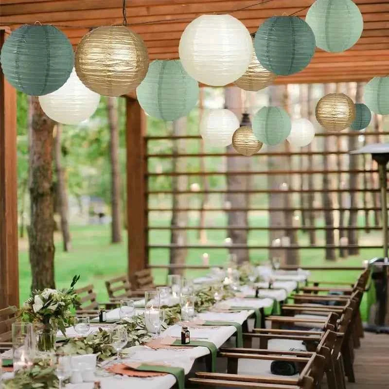 15-Piece Set of Paper Lantern Decorations, Round Hanging Paper Lantern Decorations, Suitable for Rural Parties, Bridal Gifts, Weddings, Gray-Green Birthday Party Supplies Gold/Yellow-Green, Party Supplies, Ceiling Party Decor