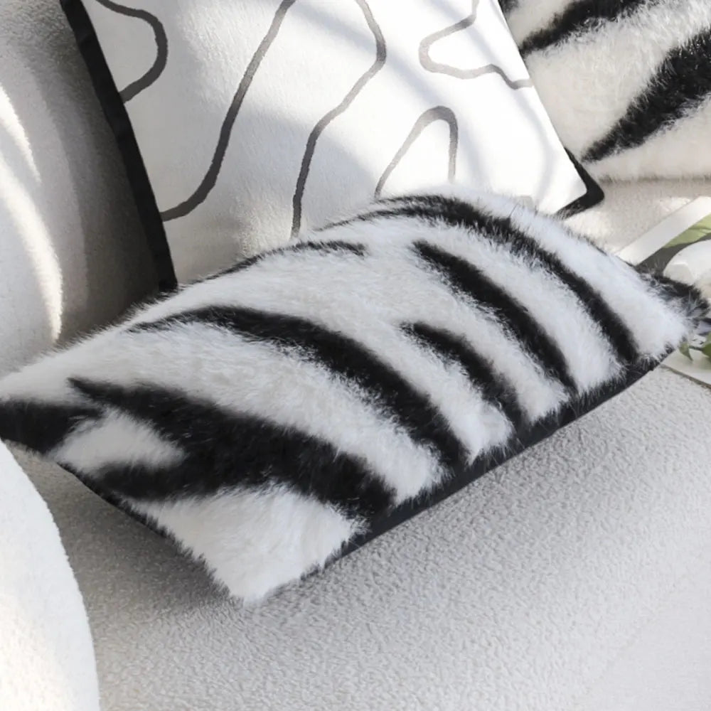 Zebra Print Faux Fur Cushion Cover, Black & White