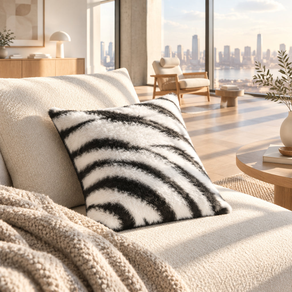 Zebra Print Faux Fur Cushion Cover, Black & White