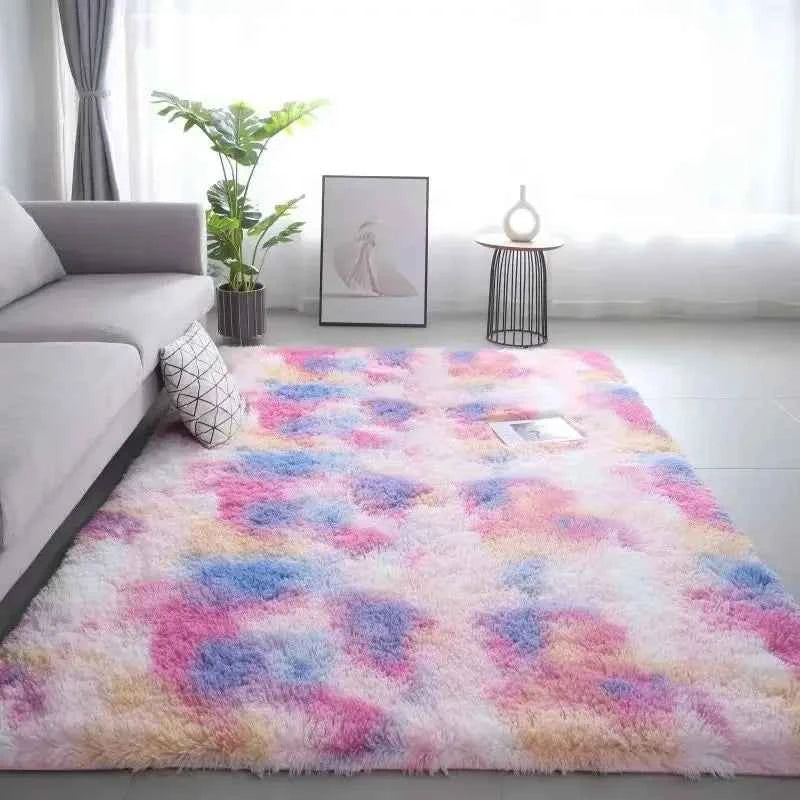 VIKAMA 1PC Silk Wool Rugs Children's Room Living Room Bedroom Tie-Dye Non-Slip Washable Machine Washable Carpet Mats