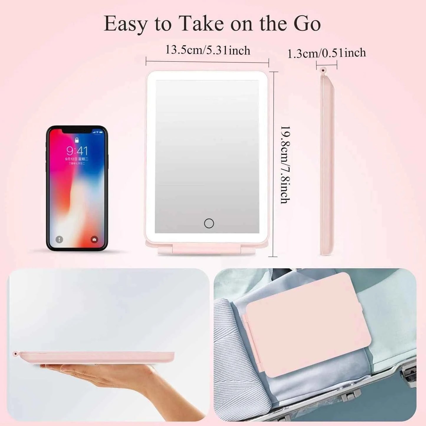 LED Foldable Travel Makeup Mirror 3 Colors Light Modes USB Rechargeable Touch Screen Portable Tabletop Cosmetic Mirror Handheld