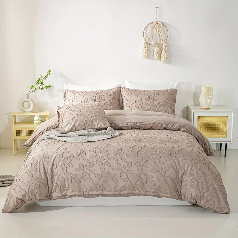 Tufted Leaf Duvet Cover Set, 3-Piece, Bohemian Cream