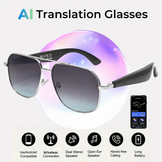 AI Translation Smart Glasses – 100+ Languages, Blue Light Blocking, Open-Ear Audio, Photo Capture