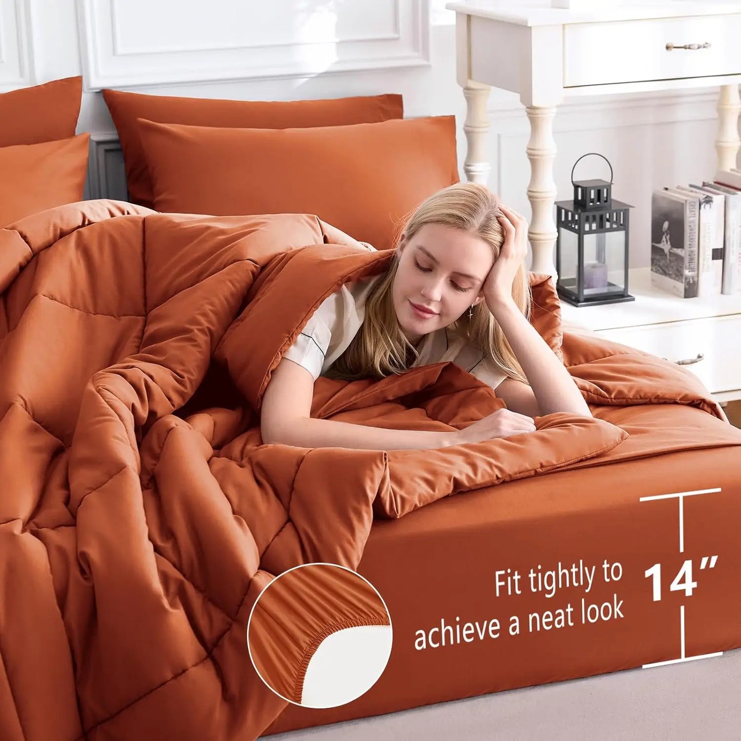 Queen Comforter Set Terracotta 7 Pieces Bed in a Bag with Quilted Comforter and Sheets
